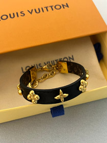 Louis Vuitton LV lettre fleur noir cuir or rivet chaîne bracelet en cuir fin bracelet-3660
