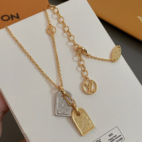 Louis Vuitton LV gravé lettre fleur or et argent double bouclier collier-3662