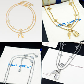 Louis Vuitton LV amovible double chaîne floral et lettre motif cadenas collier-3808